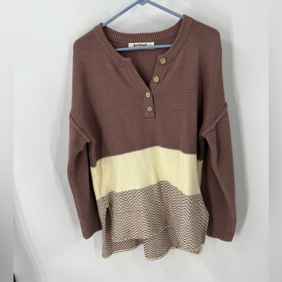 Three bird nest color block, drop shoulder high, low, ribbed knit sweater L - Picture 4 of 12
